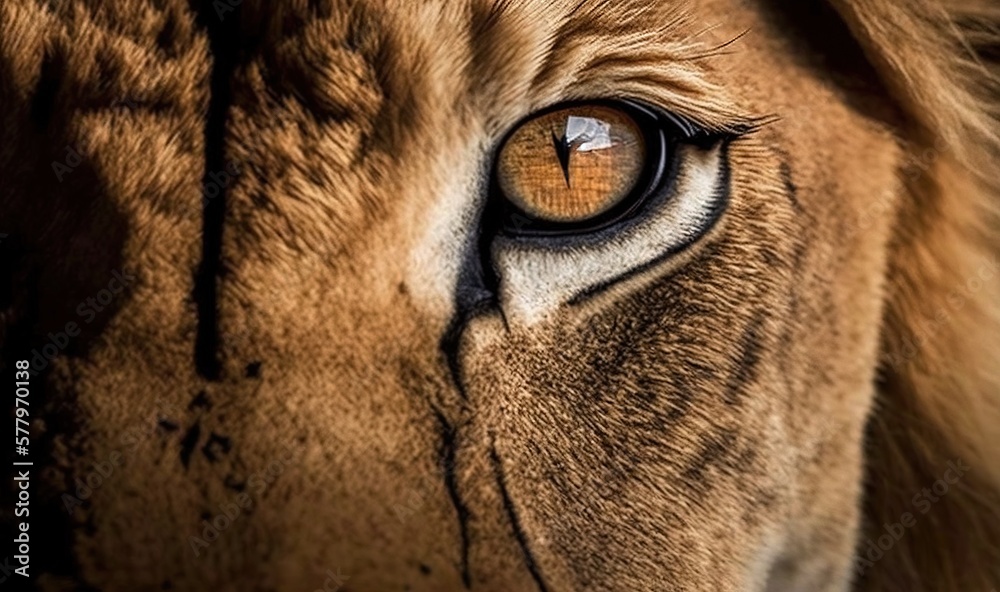 a close up of a lion's eye with a blurry background.  generative ai