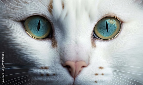  a close up of a white cat's face with blue eyes. generative ai