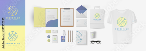 Logo and corporate identity mockup with folder, business card, form A4 and paper bag. Blue and yellow branding colors and circle minimal logo on t-shirt and envelope.