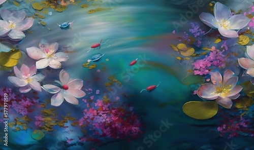  a painting of flowers and fish in a pond of water.  generative ai © Anna