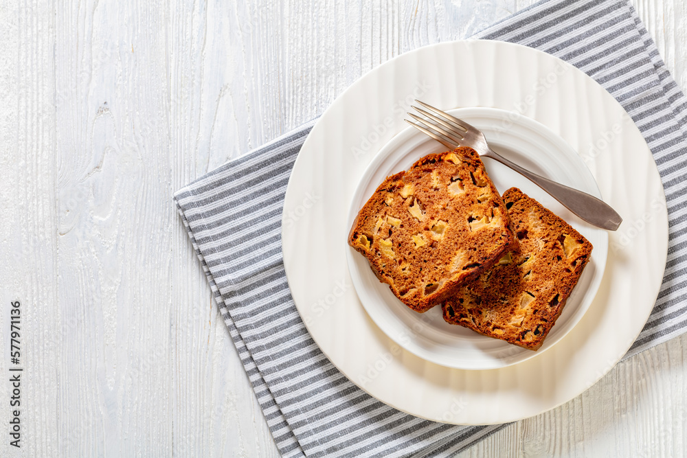 apple cinnamon bread on white plate, top view apple cinnamon bread on white plate, top view