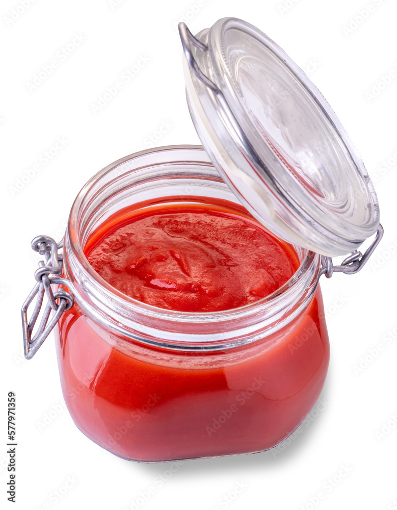 Tomato puree sauce glass jar open in top view, cut out Tomato puree sauce glass jar open in top view, cut out
