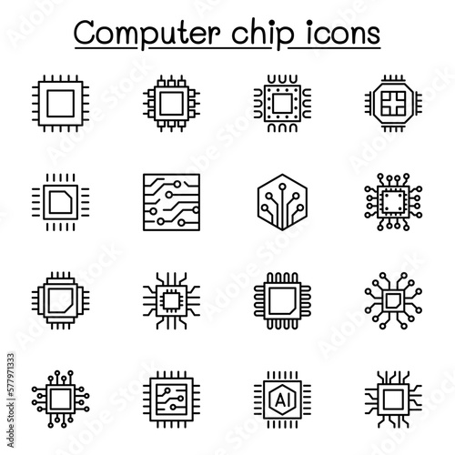 Computer chip icon set in line style