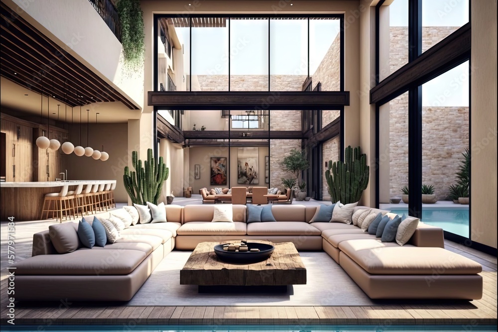 Fototapeta premium Architectural photography of a modern livingroom. Modern style interior design idea. Generative AI