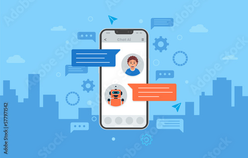 Flat Chat Ai Background. A human who is chatting with an artificial intelligence robot