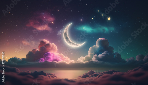 Photo Colorful islamic ramadan greetings background with crescent moon over clouds