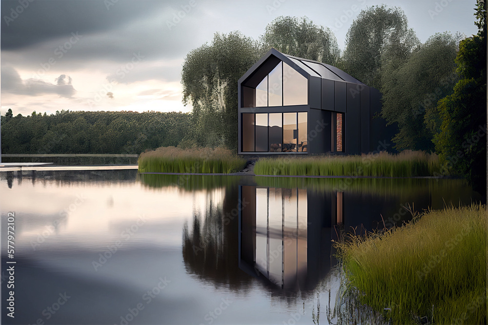 A modern house built next to a lake surrounded by trees and mountains, scenery, generative ai A modern house built next to a lake surrounded by trees and mountains, scenery, generative ai