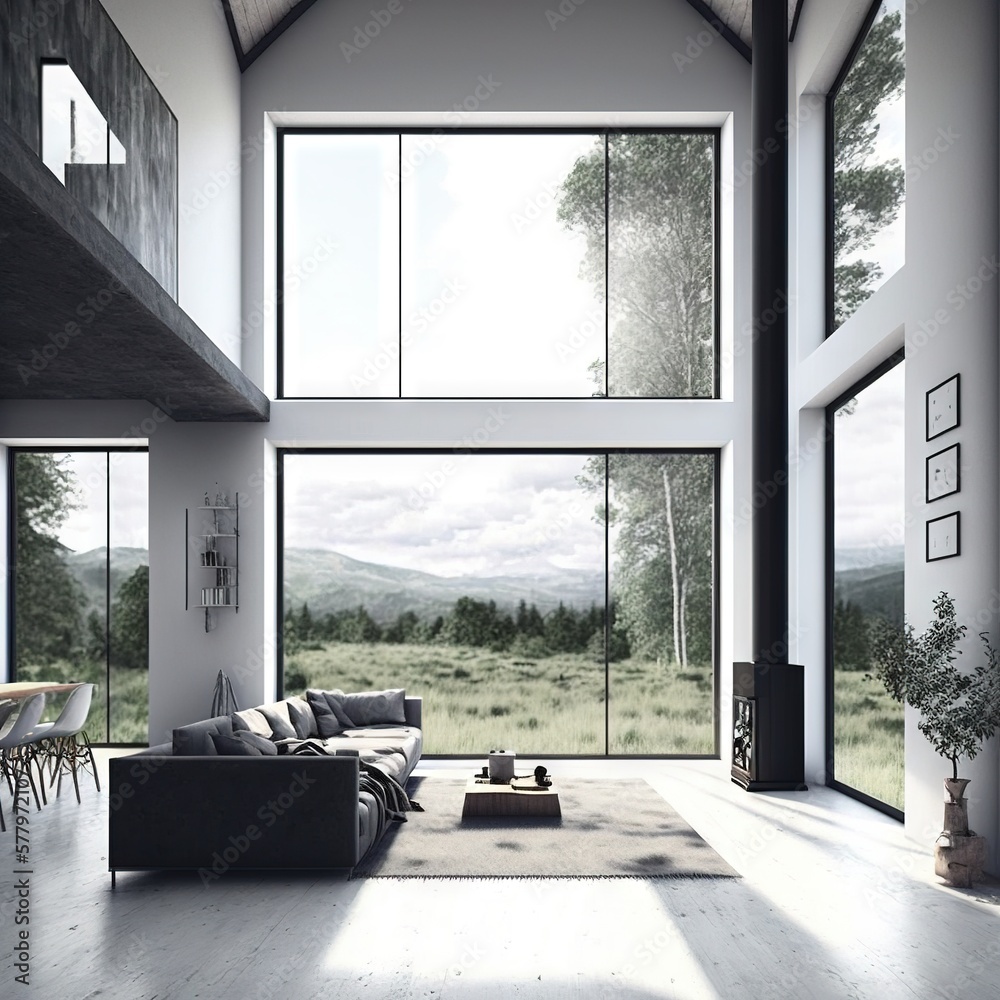 Fototapeta premium Architectural photography of a modern livingroom. Modern style interior design idea. Generative AI