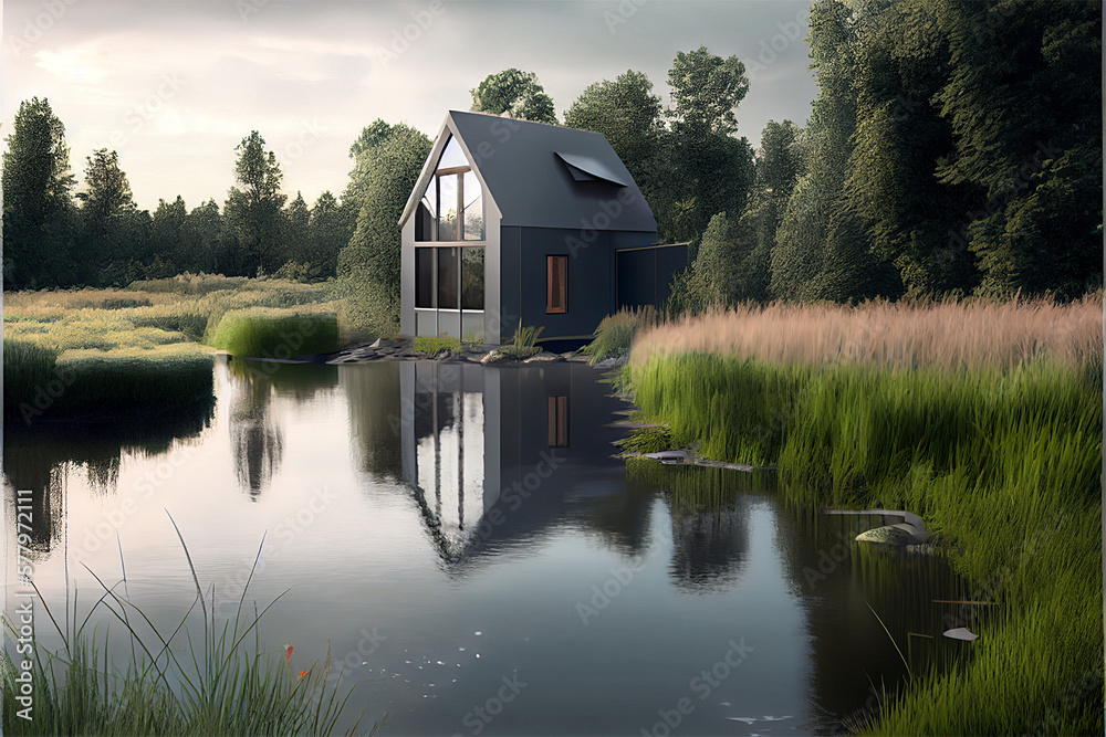 Obraz premium A modern house built next to a lake surrounded by trees and mountains, scenery, generative ai