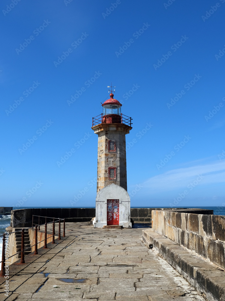 The Felgueiras Lighthouse (Farolim de Felgueiras) at Douro river mouth in Foz do Douro near from Porto, Portugal.