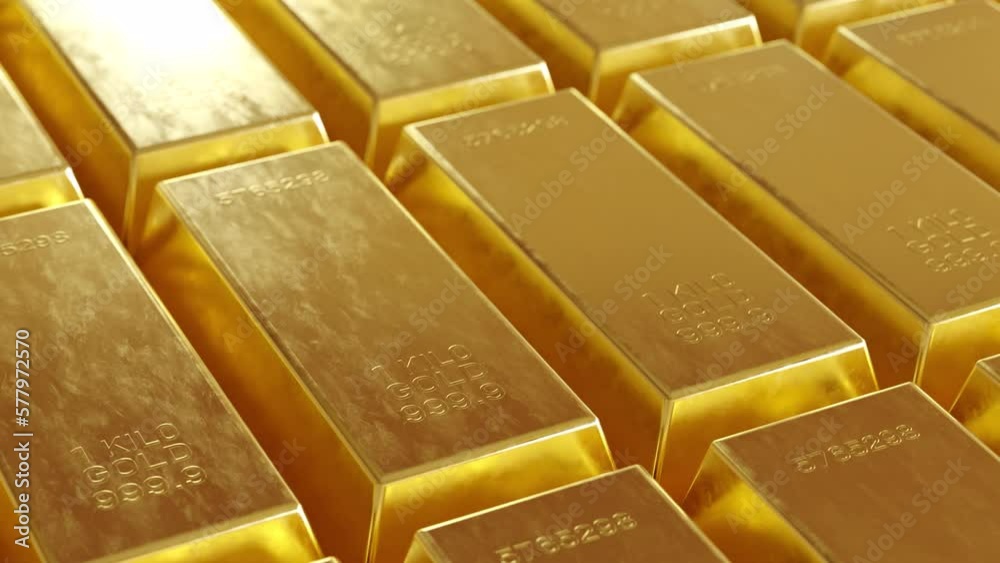 Raw of gold bars in line 3d render video