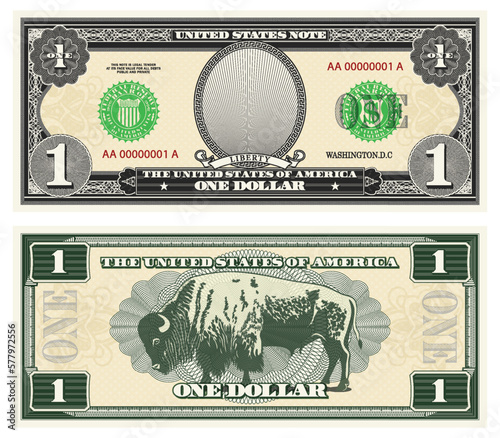 Vector gray banknote obverse and green reverse. Denomination one US dollar. Empty oval, bison or buffalo and guilloche frame. American paper fiction money.