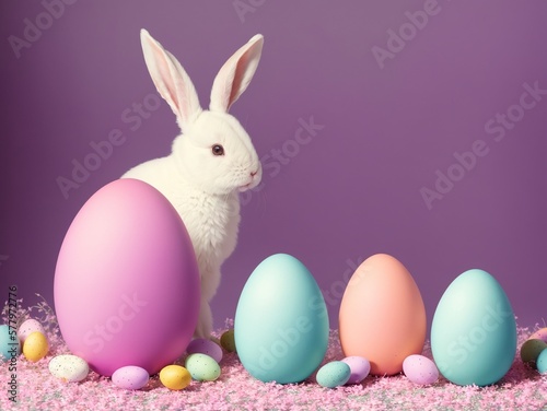 Adorable White Rabbit with Pastel Easter Eggs Elegant Spring Themed Photo Art Created with Generative AI and Other Techniques