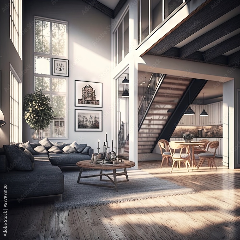 Fototapeta premium Architectural photography of a modern livingroom. Modern style interior design idea. Generative AI