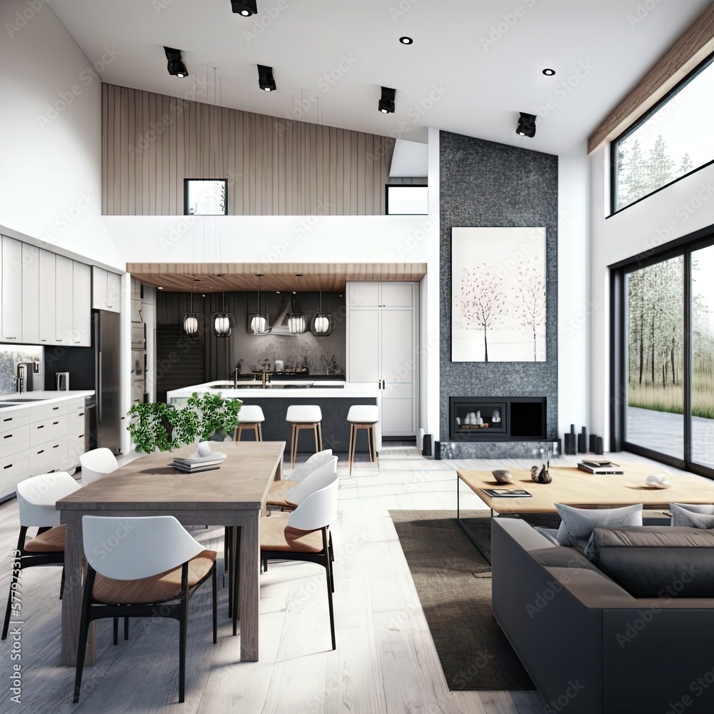 Fototapeta premium Architectural photography of a modern livingroom. Modern style interior design idea. Generative AI