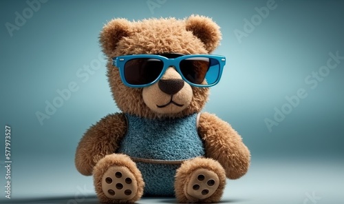  a brown teddy bear wearing sunglasses and a blue shirt and a blue background. generative ai