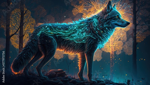 Mystic Fluorescent Fantasy: The Magical Wolf. Generative AI © Bartosz