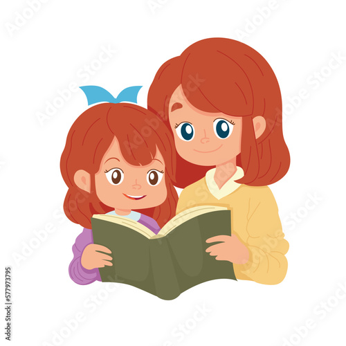 Vector illustration mother mum reading fairy tale book to baby child daughter at home. Babysitter, nanny, caretaker babysitting with child. Mom with daughter.