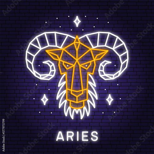 Zodiac astrology horoscope neon sign aries linear design. Vector illustration. Elegant line art neon symbol or icon of aries esoteric zodiacal horoscope templates promotion for logo or poster isolated