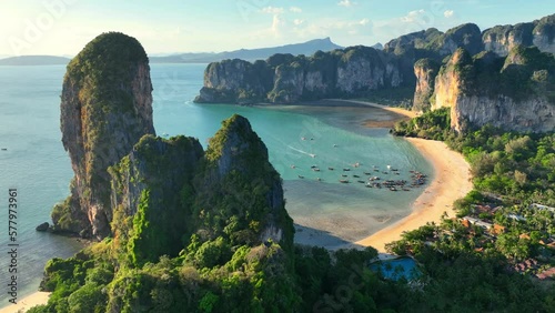 drone view of Krabi coast in Thailand, idyllic lagoon with cliffs on Railay beach, tropical Thai resort seascape photo