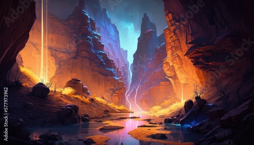 Mystic Fluorescent Fantasy Canyon. Generative AI