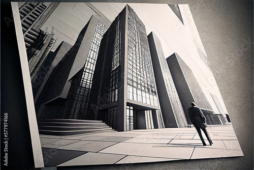 Photorealistic architectural drawing in greyisch color made with generative AI