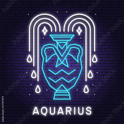 Zodiac astrology horoscope neon sign aquarius linear design. Vector illustration. Elegant line art neon symbol or icon of aquarius esoteric zodiacal horoscope templates promotion for logo or poster