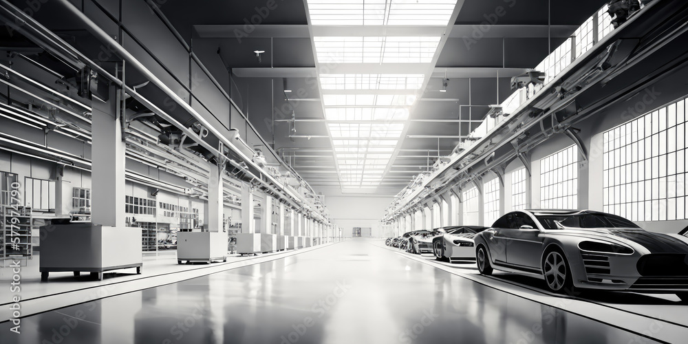 Obraz premium a car assembly factory in a wide hall . car industry. Ai generative