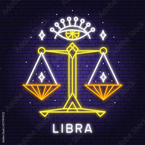 Zodiac astrology horoscope neon sign Libra linear design. Vector illustration. Elegant line art symbol or icon of Libra esoteric zodiacal horoscope templates promotion for logo or poster isolated.