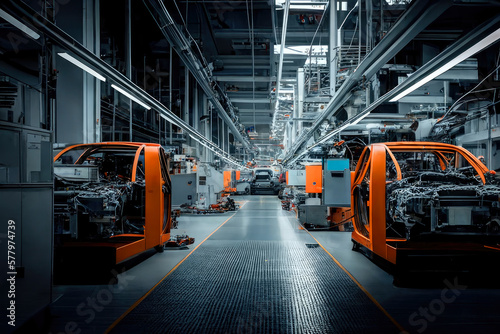a car assembly factory in a wide hall . car industry. Ai generative photo
