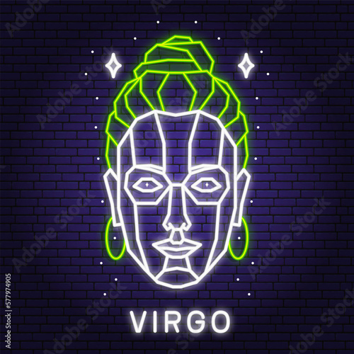 Zodiac astrology horoscope neon sign virgo linear design. Vector illustration. Elegant line art symbol or icon of virgo esoteric zodiacal horoscope templates promotion for logo or poster isolated.