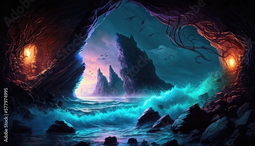 Enchanted Coastline: A Mystic Fluorescent Fantasy. Generative AI