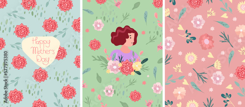 Mother's day greeting card, cute lady with flowers, carnations and green leaves. Spring and summer flowering. The concept of happiness, joy, holiday. Vector graphics.