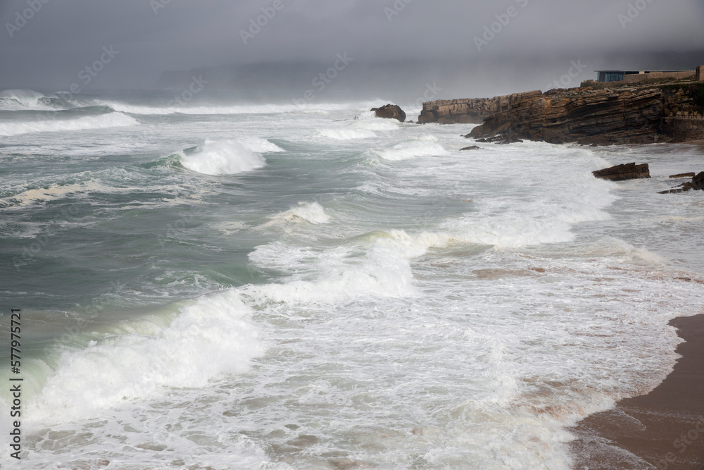 Waves breaking on a stormy Atlantic Ocean, near Cascais, Sintra Cascais Natural Park, Lisbon Region, Portugal, Europe
