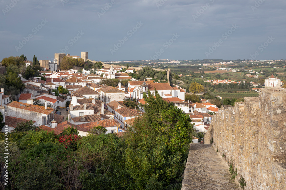 Walls of Obidos with view over the old town and surrounding countryside, Obidos, Central Region, Portugal, Europe