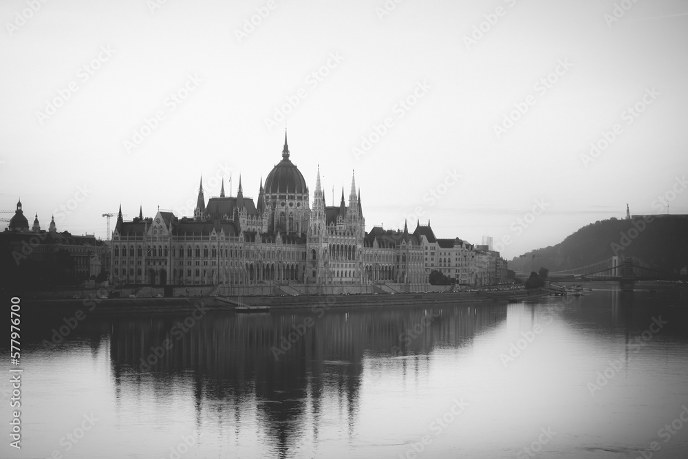 Budapest, Hungarian Parliament black and white photo.