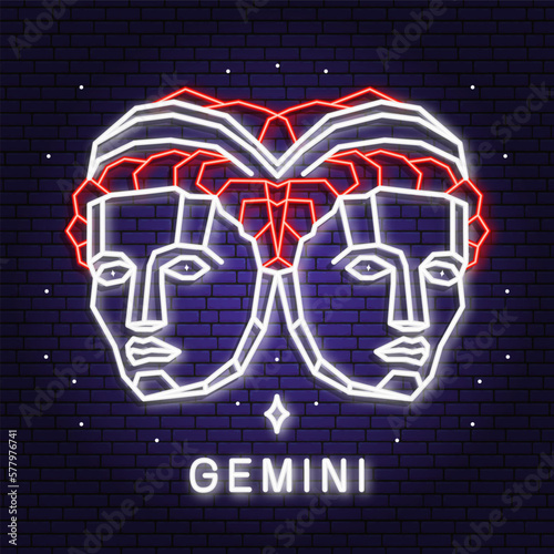 Zodiac astrology horoscope neon sign Gemini linear design. Vector illustration. Elegant line art symbol or icon of Gemini esoteric zodiacal horoscope templates promotion for logo or poster isolated.
