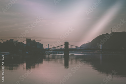 Chain Bridge in magic sunrise  Budapest  Hungary.