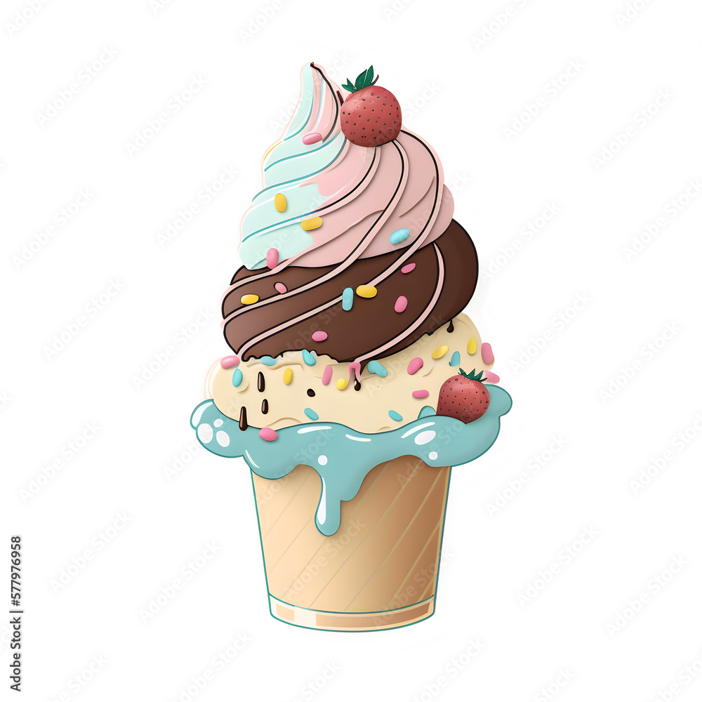 ice cream sundae, sundae dessert cute cartoon sticker, transparent png
