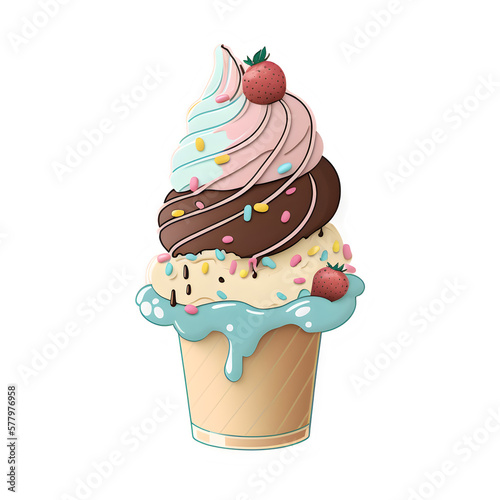 ice cream sundae, sundae dessert cute cartoon sticker, transparent png, sundae clipart with no background, delicious ice cream sundae dessert