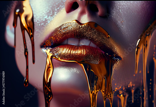 Gold Paint smudges drips from the face lips and hand, lipgloss dripping from lips, golden liquid drops on beautiful model girl's mouth, AI Generated