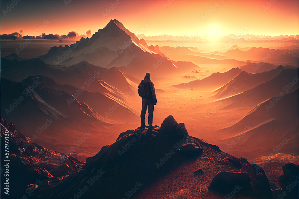Fototapeta premium A Person Standing on A Mountain Looking at the Distance where one can see the sun created with Generative AI