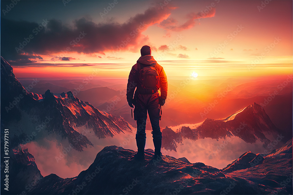 A Person Standing on A Mountain with snow Looking at the Distance where one can see the sun created with Generative AI