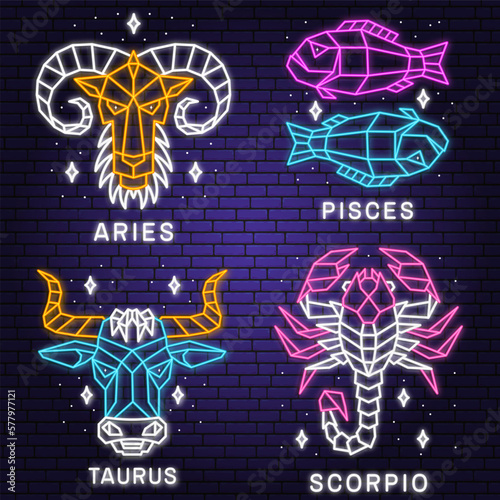 Set of zodiac astrology horoscope neon sign pisces, aries, scorpio, taurus linear design. Vector illustration. Elegant line art symbol or icon of pisces, aries, scorpio, taurus esoteric zodiacal