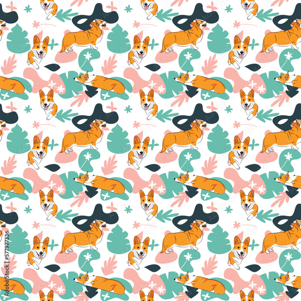 Fototapeta premium Corgi dog wallpaper with leaves, palms, flowers, plants. Pastel green, pink, navy. Holiday abstract natural shapes. Seamless floral background with dogs, repeatable pattern. Birthday wallpaper. 