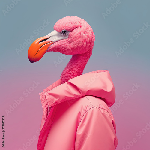 Fashion flamingo in coat. Magenta pink monochrome portrait. Generative