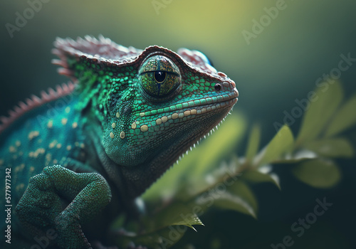 Green colored chameleon close up. Generative AI Illustration