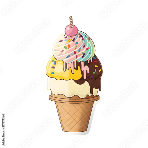 ice cream sundae, sundae dessert cute cartoon sticker, transparent png, sundae clipart with no background, delicious ice cream sundae dessert
