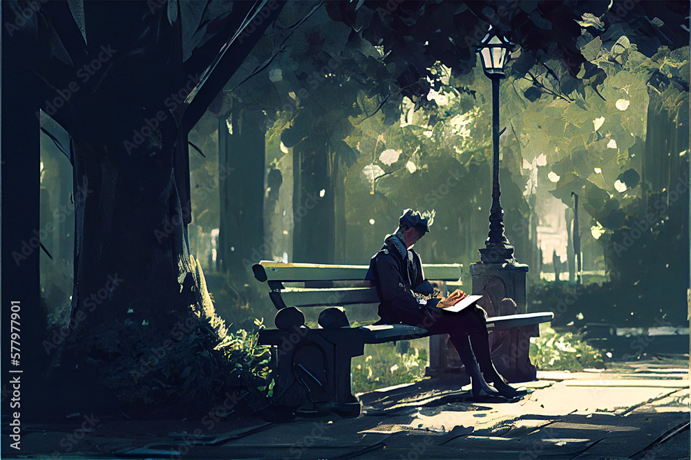 Illustration of a man sitting on a bench and reading a book in the park created with generative ai - obrazy, fototapety, plakaty 