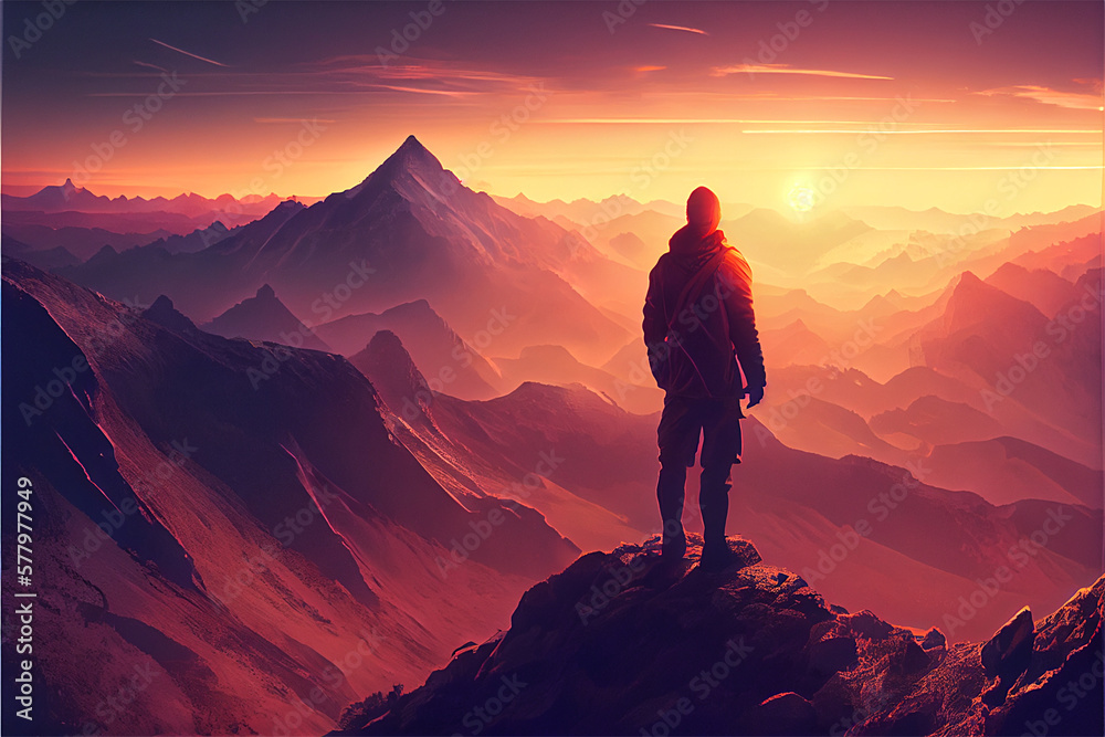 A Person Standing on A Mountain Looking at the Distance where one can see the sun created with Generative AI